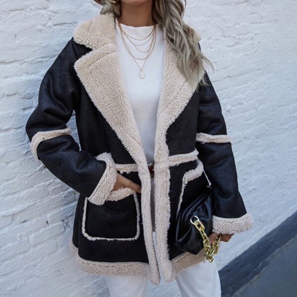 Cozy Black Teddy Oversized Jacket Coat Minimalist Pockets Luxe Glam - Picture 2 of 4